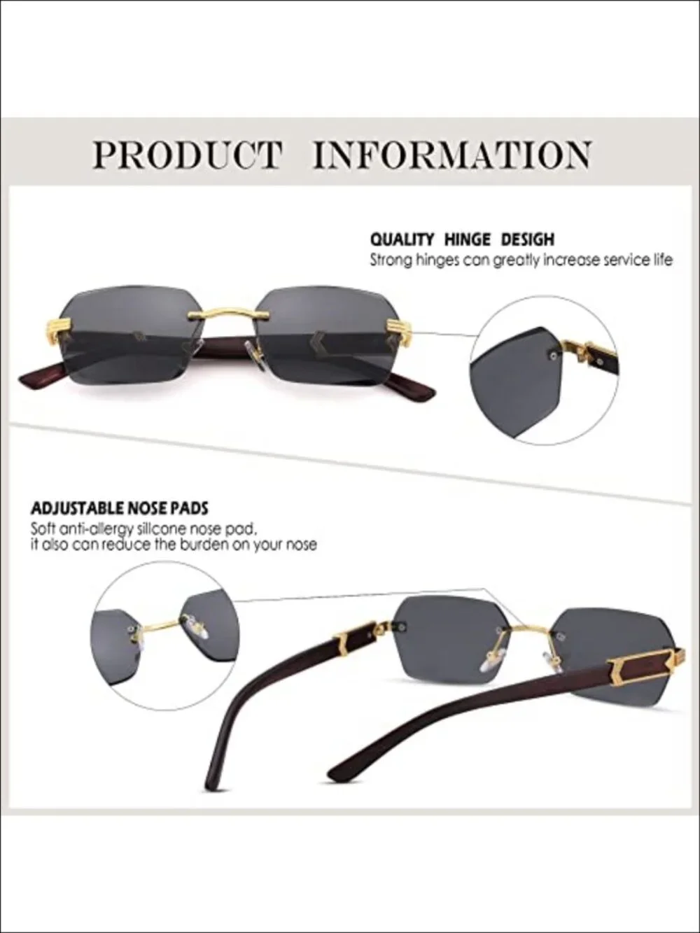 Rimless Rectangle Sunglasses Retro Y2K Shades UV400 Unisex